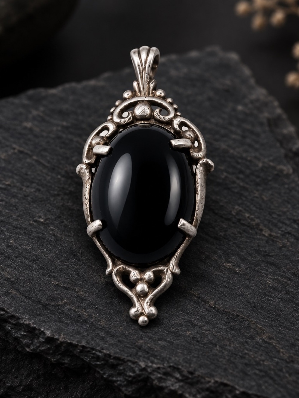 Sterling Silver Black Onyx Oval Pendant